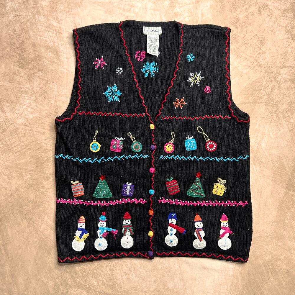 Vintage 90s Snowman Embroidered Holiday Sweater Vest Christmas Cottage Winter